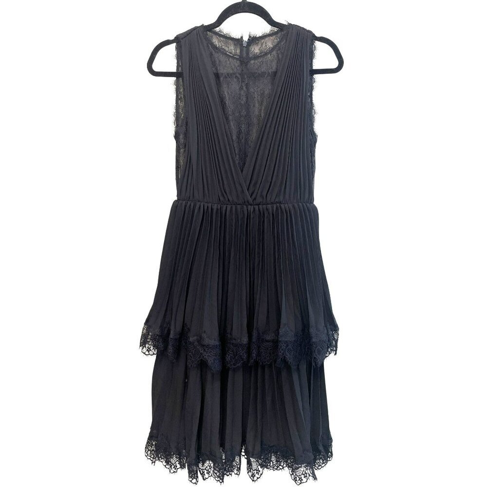 Mikael Aghal $945 Black Lace Pleated Teired Midi Dress Size 4